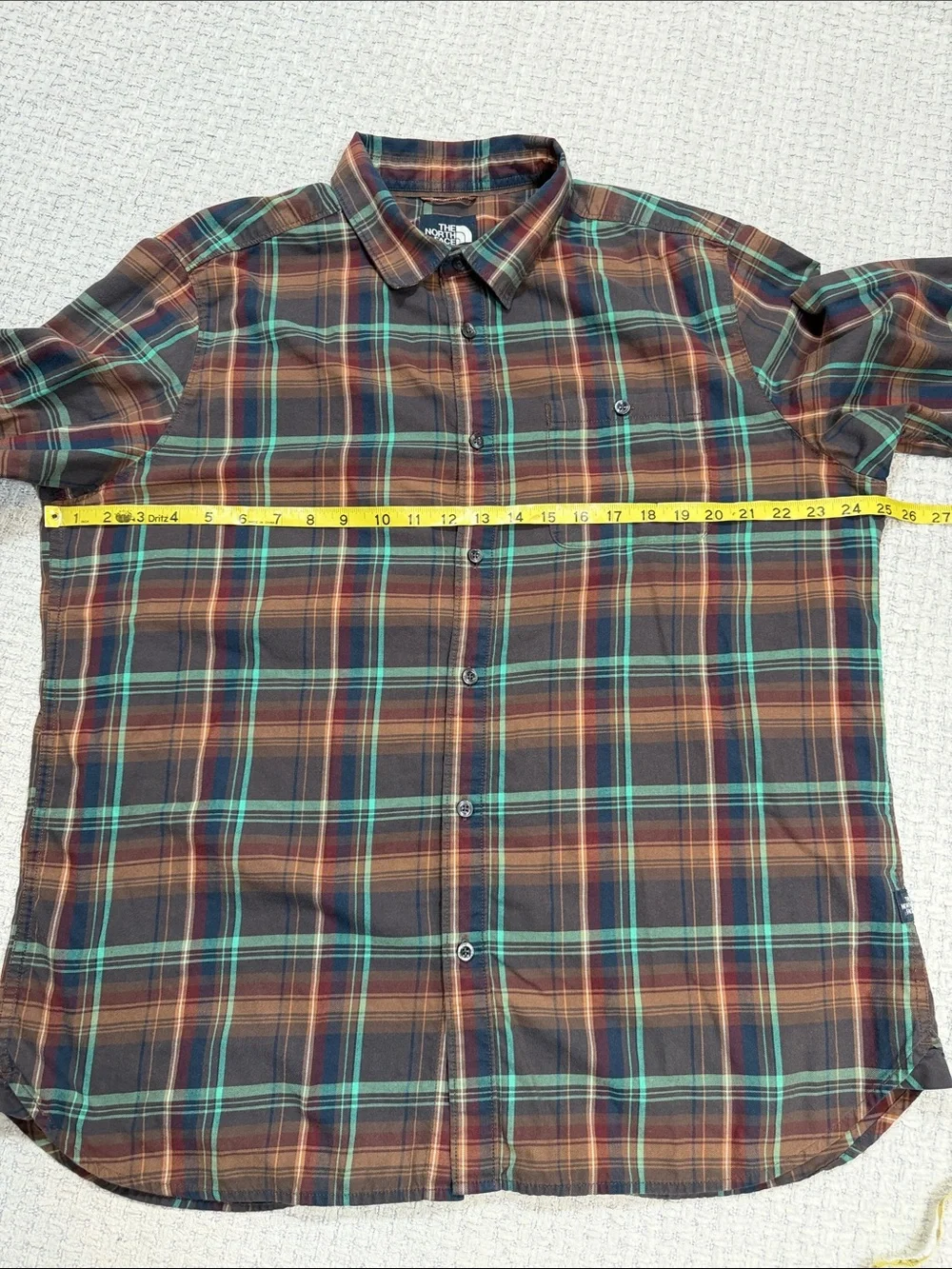 Mens The North Face Button Up Shirt Blue Brown Turquoise Plaid Size X-Large
